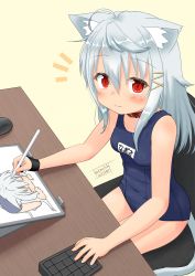 Rule 34 | 1girl, ahoge, animal ear fluff, animal ears, blue one-piece swimsuit, blush, breasts, cat ears, cat girl, chair, collar, drawing, hair ornament, hairclip, highres, keypad, long hair, looking at viewer, old school swimsuit, one-piece swimsuit, original, red eyes, school swimsuit, silver hair, sitting, small breasts, smile, solo, stealthwriter, stylus, swimsuit, table, tablet pc