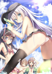 Rule 34 | &gt; &lt;, 4girls, :d, :o, akatsuki (kancolle), ass, bikini, bikini top only, black hat, black legwear, black sailor collar, blue eyes, blue sky, blurry, blurry foreground, blush, bow, brown eyes, brown hair, closed eyes, cloud, cloudy sky, commentary request, covering breasts, covering privates, day, depth of field, diving mask, diving mask on head, fingernails, flat cap, folded ponytail, front-tie bikini top, front-tie top, goggles, goggles on head, hair between eyes, hair ornament, hairclip, hand on own hip, hat, hibiki (kancolle), holding, ikazuchi (kancolle), inazuma (kancolle), kantai collection, leaning forward, long hair, multiple girls, natuna natu, navel, neckerchief, open mouth, outdoors, outstretched arm, parted lips, pink bikini, pink bow, purple eyes, purple hair, red neckerchief, sailor collar, silver hair, sky, smile, snorkel, standing, sun, sunlight, swimsuit, thighhighs, topless, untied bikini, very long hair, water, water gun, white bikini