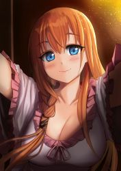 Rule 34 | 1girl, absurdres, bad id, bad pixiv id, blue eyes, blush, braid, breasts, cleavage, collarbone, dress, dvdraw, head tilt, highres, incoming hug, large breasts, long hair, looking at viewer, orange hair, pecorine (princess connect!), princess connect!, side braid, smile, solo, upper body, very long hair, white dress