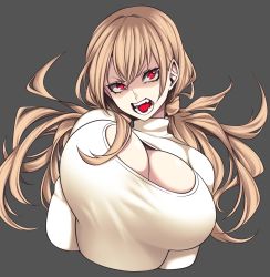 Rule 34 | 1girl, blonde hair, bouncing breasts, breasts, cleavage cutout, clothing cutout, commentary request, fang, grey background, hair between eyes, highres, hz (666v), large breasts, long hair, long sleeves, open mouth, original, red eyes, sweater, turtleneck, turtleneck sweater, upper body, white sweater