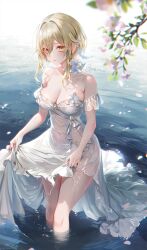 Rule 34 | 1girl, absurdres, bare shoulders, blonde hair, blush, breasts, cleavage, collarbone, dress, flower, genshin impact, hair between eyes, hair flower, hair ornament, highres, large breasts, leaf, looking at viewer, lumine (genshin impact), petals, pottsness, short hair with long locks, skirt hold, solo, thighs, twitter username, wading, water, wet, white dress, white flower, yellow eyes
