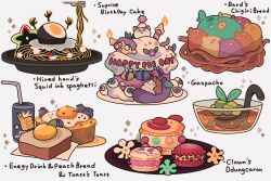 Rule 34 | animal-themed food, astrosleep, bee, bee and puppycat, bread, bug, cake, can, candle, cat, character request, commentary, drinking straw, energy drink, english commentary, english text, extra hands, eyeball, fire, flower, food, food focus, fork, fried egg, fruit, fruit punch (drink), green flower, highres, holding, holding ladle, insect, ladle, macaron, nest, no humans, orange flower, pasta, peach, plate, simple background, spaghetti, sparkle, star (symbol), thumbs up, white background, white flower