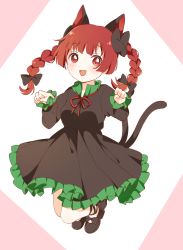 Rule 34 | 1girl, animal ears, black bow, black dress, black footwear, blush, bow, braid, cat ears, cat tail, dress, extra ears, green dress, highres, jumping, kaenbyou rin, leg ribbon, mary janes, multiple tails, necktie, open mouth, paw pose, red bow, red eyes, red hair, ribbon, sasaki sakiko, shoes, simple background, smile, solo, tail, touhou, twin braids, two tails