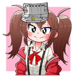 Rule 34 | 1girl, black eyes, bow, bowtie, brown hair, collared shirt, hair between eyes, highres, jacket, kantai collection, long hair, looking at viewer, open clothes, open jacket, red bow, red bowtie, red jacket, ryuujou (kancolle), shin (shin k009), shirt, simple background, smile, solo, suspenders, twintails, two-tone background, upper body, visor cap, white shirt