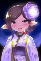Rule 34 | 1girl, :d, arulumaya, blush, brown eyes, brown hair, candy apple, color 73, commentary request, floral print, flower, food, granblue fantasy, hair flower, hair ornament, hair up, harvin, holding, holding food, looking at viewer, night, obi, open mouth, outdoors, pointy ears, sash, sketch, sky, smile, solo, star (sky)