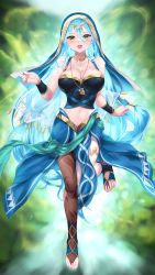 Rule 34 | 1girl, :d, azura (fire emblem), blue hair, bracer, breasts, cait aron, cleavage, fire emblem, fire emblem fates, fire emblem heroes, full body, green eyes, hair between eyes, hair tubes, highres, jacket, jewelry, large breasts, light blue hair, light blush, long hair, looking at viewer, midriff, navel, necklace, nintendo, official alternate costume, open clothes, open jacket, open mouth, pelvic curtain, see-through, smile, solo, thighlet, toeless footwear, toes, veil, very long hair, waist cape