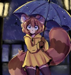 Rule 34 | 1girl, ?, anakoluth, animal ears, blue eyes, blurry, blurry background, brown hair, closed mouth, expressionless, furry, furry female, holding, holding umbrella, looking at viewer, original, rain, raincoat, red panda ears, red panda girl, red panda tail, short hair, solo, umbrella
