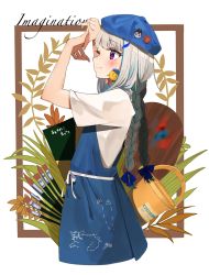 Rule 34 | 1girl, apron, beret, blue bow, blue hat, blush, border, bow, braid, bug, butterfly, cat, english text, facing to the side, gesture, grass, hair bow, hat, highres, insect, lize helesta, multicolored hair, nijisanji, paint can, paintbrush, palette (object), pin, plant, purple eyes, sen (sennosenn1127), sketchbook, solo, streaked hair, string belt, twin braids, virtual youtuber, white hair