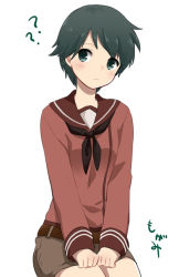 Rule 34 | 10s, 1girl, ?, black hair, green eyes, ica, kantai collection, long sleeves, looking at viewer, mogami (kancolle), personification, school uniform, serafuku, short hair, shorts, simple background, solo, white background