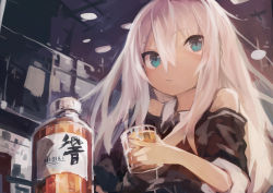 Rule 34 | 1girl, absurdres, alcohol, alternate costume, blue eyes, cup, drinking glass, hair between eyes, hibiki (kancolle), hibiki (whisky), highres, holding, holding cup, kaamin (mariarose753), kantai collection, long hair, no headwear, no headwear, short sleeves, silver hair, solo, upper body, whiskey