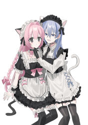 Rule 34 | 2girls, :d, animal ear fluff, animal ears, apron, black dress, black gloves, black necktie, black thighhighs, blue eyes, blue hair, blush, bow, braid, cat ears, cat girl, cat tail, chihuri, closed mouth, collared shirt, commentary request, dress, earrings, ende (chihuri), frilled apron, frilled thighhighs, frills, garter straps, gloves, hair between eyes, hair bow, highres, jewelry, long hair, multiple girls, nea (chihuri), necktie, open mouth, original, pink bow, pink hair, puffy short sleeves, puffy sleeves, purple eyes, shirt, short sleeves, simple background, sleeveless, sleeveless dress, smile, stud earrings, tail, thighhighs, very long hair, waist apron, white apron, white background, white shirt, wrist cuffs, yuri