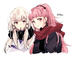 Rule 34 | 2girls, alternate costume, bad id, bad twitter id, black scarf, closed mouth, earrings, female focus, fire emblem, fire emblem: three houses, food, hair ornament, hilda valentine goneril, jewelry, long hair, lysithea von ordelia, matching hair/eyes, multiple girls, naho (pi988y), nintendo, pink eyes, pink hair, pocky, ponytail, red scarf, scarf, simple background, smile, twitter username, upper body, white background, white hair