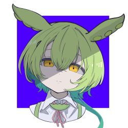 Rule 34 | 1girl, blank stare, border, closed mouth, collared shirt, commentary, cropped shoulders, crossed bangs, empty eyes, green brooch, half-closed eyes, head tilt, highres, light frown, long hair, looking at viewer, low ponytail, neck ribbon, nekobasi neko, outside border, pale skin, pink ribbon, purple background, ribbon, shade, shirt, simple background, solo, suspenders, voicevox, white border, white shirt, yellow eyes, zundamon