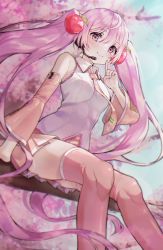 1girl, absurdres, blush, cherry blossoms, cherry hair ornament, detached sleeves, food themed hair ornament, hair ornament, han seol, hatsune miku, headset, highres, huge filesize, index finger raised, long hair, looking at viewer, necktie, pink eyes, pink hair, pink legwear, pink neckwear, pink skirt, sakura miku, sitting, skirt, smile, solo, thighhighs, twintails, very long hair, vocaloid