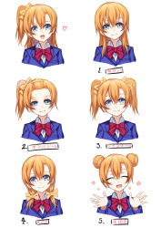 Rule 34 | 10s, 1girl, alternate hairstyle, bad id, bad pixiv id, bangs pinned back, blonde hair, blue eyes, bow, bowtie, closed eyes, double bun, forehead, hair between eyes, hair bow, hair bun, hair down, hair up, hairband, head tilt, heart, highres, kosaka honoka, kzhu, light brown hair, looking at viewer, love live!, love live! school idol project, low twintails, multiple views, open mouth, red bow, red bowtie, side ponytail, simple background, smile, translated, twintails