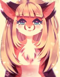 Rule 34 | 1girl, animal ears, artist name, blonde hair, blue eyes, blunt bangs, blurry, blush, chest tuft, depth of field, eyelashes, fangs, female focus, flat chest, furry, furry female, half-closed eyes, heart, highres, long hair, looking at viewer, multicolored fur, nose blush, nude, open mouth, original, sidelocks, simple background, solo, spacecolonie, sparkle, upper body, watermark, yellow background
