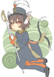 Rule 34 | 1girl, absurdres, animal ears, blue jacket, blue pants, brown eyes, brown hair, cat ears, cat girl, cat tail, chen, earrings, hall jion, hat, highres, holding, holding sword, holding weapon, jacket, jewelry, long sleeves, looking at viewer, military, military jacket, military uniform, pants, short hair, solo, sword, tail, tongue, tongue out, touhou, uniform, weapon