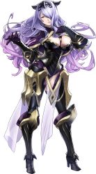 Rule 34 | 1girl, armor, artist request, black armor, black footwear, black panties, boots, breasts, camilla (fire emblem), capelet, cleavage, fire emblem, fire emblem fates, fire emblem heroes, full body, hand on own chest, head tilt, high heel boots, high heels, highres, large breasts, leather, lips, loincloth, long hair, looking at viewer, maeshima shigeki, nintendo, official art, panties, parted lips, purple eyes, purple hair, shiny clothes, shiny skin, solo, thigh boots, thighhighs, thighs, tiara, transparent background, underwear, vambraces, very long hair, wavy hair
