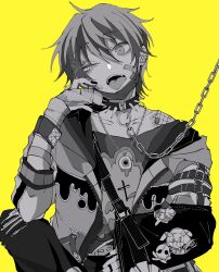 Rule 34 | 1boy, bandaid, bandaid on cheek, bandaid on face, black jacket, black nails, choker, earrings, elsyuri1, ensemble stars!, grey eyes, grey hair, greyscale with colored background, head rest, highres, jacket, jewelry, kagehira mika, male focus, multiple earrings, necklace, o-ring, o-ring choker, official alternate costume, open mouth, pants, solo, spiked choker, spikes, tongue, tongue out, torn clothes, torn pants, yellow background