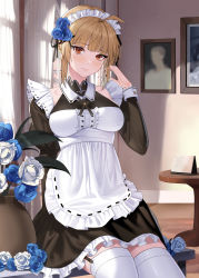 Rule 34 | 1girl, ahoge, apron, black dress, blue flower, blue rose, blunt bangs, blush, braid, breasts, brown eyes, brown hair, center frills, curtains, dress, flower, french braid, frilled apron, frilled dress, frills, garter straps, hair flower, hair ornament, highres, indoors, light smile, long sleeves, looking at viewer, maid, maid apron, maid headdress, medium breasts, nail polish, original, painting (object), puffy long sleeves, puffy sleeves, red nails, rose, sidelocks, siha, sitting, sitting on table, solo, table, thighhighs, vase, white apron, white flower, white rose, white thighhighs, window, zettai ryouiki