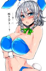 Rule 34 | 1girl, alternate costume, animal ears, blue eyes, blush, braid, breasts, rabbit ears, rabbit tail, cleavage, detached collar, earrings, covered erect nipples, grey hair, highres, izayoi sakuya, jewelry, large breasts, looking at viewer, maid headdress, navel, playboy bunny, roki (hirokix), simple background, solo, sweat, tail, touhou, translation request, upper body, white background, wrist cuffs