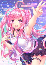Rule 34 | 1girl, ahoge, arm up, armpits, black skirt, blush, breasts, commentary request, confetti, frilled sleeves, frills, hair between eyes, hair ornament, hair scrunchie, holding, holding microphone stand, looking at viewer, medium breasts, microphone stand, necktie, open mouth, pink eyes, pink hair, pink necktie, rasis, scrunchie, shirt, short sleeves, sidelocks, skirt, solo, sorai shin&#039;ya, sound voltex, swept bangs, thigh strap, twintails, v, white shirt
