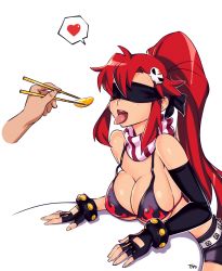 Rule 34 | 1girl, bad id, bad tumblr id, bikini, bikini top only, breast rest, breasts, chopsticks, cleavage, commentary, elbow gloves, flame print, food, gloves, heart, highres, large breasts, optionaltypo, red hair, scarf, short shorts, shorts, simple background, solo focus, spoken heart, striped clothes, striped scarf, swimsuit, tengen toppa gurren lagann, white background, yoko littner