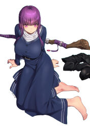 Rule 34 | 1girl, arm support, barefoot, black footwear, blue dress, blunt bangs, blush, boots, breasts, closed mouth, dress, eyelashes, feet, fern (sousou no frieren), full body, highres, impossible clothes, impossible dress, large breasts, long hair, long sleeves, on ground, paid reward available, pout, purple eyes, purple hair, shadow, sidelocks, simple background, sitting, solo, sousou no frieren, staff, toenails, toes, unworn boots, white background, yamauchi (conan-comy), yokozuwari