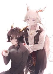 Rule 34 | 2boys, animal ears, arknights, black hair, black jacket, black pants, black shirt, chain, chain necklace, coffee, collared shirt, cowboy shot, cup, ebenholz (arknights), goat boy, goat ears, goat horns, hair between eyes, hair ribbon, hairdressing, high-waist pants, highres, holding, holding cup, horns, jacket, jewelry, kreide (arknights), long hair, long sleeves, looking at another, male focus, mug, multiple boys, necklace, open clothes, open collar, open jacket, pants, parted lips, purple eyes, ramel, red ribbon, red sash, ribbon, sash, shirt, simple background, sitting, sleeveless, sleeveless jacket, standing, steam, tying hair, white background, white hair, white shirt, wing collar