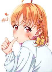 Rule 34 | 1girl, ahoge, blush, bow, braid, commentary request, finger to mouth, hair bow, hair ornament, heart, highres, looking at viewer, looking back, love live!, love live! sunshine!!, ojyomu, orange hair, red eyes, short hair, side braid, simple background, solo, sweater, takami chika, translation request, upper body, white background, white sweater, yellow bow