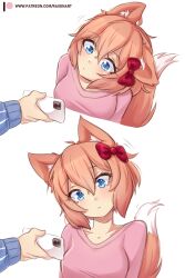 Rule 34 | 1girl, 1other, :&lt;, absurdres, animal ear fluff, animal ears, artist name, blue eyes, bow, breasts, cellphone, collarbone, commentary, confused, doki doki literature club, english commentary, fox ears, fox girl, fox tail, hair between eyes, hair bow, head tilt, highres, holding, holding phone, kemonomimi mode, medium breasts, multiple views, patreon logo, patreon username, phone, pink hair, pink shirt, raion (raionart), red bow, sayori (doki doki literature club), shirt, short hair, simple background, smartphone, tail, white background