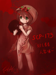 Rule 34 | 1girl, blood, blood splatter, bottomless, brown hair, character name, convenient censoring, disembodied head, empty eyes, green eyes, highres, hood, hooded, langbazi, navel, personification, red background, scp-173, scp foundation, signature, standing, translation request, yandere