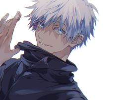 Rule 34 | 1boy, black blindfold, black jacket, blindfold, unworn blindfold, blue eyes, colored eyelashes, gojou satoru, hair between eyes, hand up, high collar, jacket, jujutsu kaisen, kibatteko ze, long sleeves, looking at viewer, male focus, parted lips, short hair, simple background, smile, solo, upper body, white background, white hair