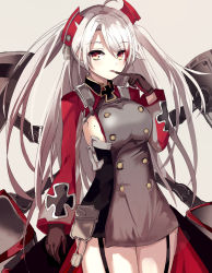 Rule 34 | 1girl, ahoge, azur lane, bad id, bad pixiv id, breasts, brown gloves, buttons, cowboy shot, cross, dress, finger to mouth, gloves, green night, headgear, index finger raised, iron cross, large breasts, legs together, long hair, long sleeves, looking at viewer, mole, mole on breast, multicolored hair, prinz eugen (azur lane), red hair, rigging, short dress, sideboob, solo, streaked hair, thighs, tongue, tongue out, two-tone hair, two side up, very long hair, yellow eyes