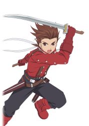 Rule 34 | 1boy, boots, brown eyes, brown hair, buttons, commentary, english commentary, gauntlets, gloves, holding, holding weapon, lloyd irving, male focus, official art, open mouth, pants, red footwear, red gloves, solo, spiked hair, tales of (series), tales of asteria, tales of symphonia, transparent background, weapon