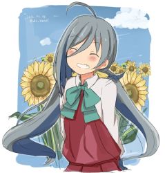Rule 34 | 10s, 1girl, 2016, ahoge, bad id, bad twitter id, blue hair, blush, bow, bowtie, cloud, dated, day, closed eyes, flower, grey hair, grin, kantai collection, kiyoshimo (kancolle), long hair, low twintails, multicolored hair, riz (ravel dc), school uniform, shirt, sky, smile, solo, sunflower, twintails, twitter username, white shirt