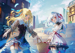 Rule 34 | 2girls, :o, basket, black dress, black thighhighs, blonde hair, blue bow, blue eyes, blue skirt, blue sky, bow, building, cloud, commentary request, day, dress, garter straps, grey hair, grey skirt, hair bow, highres, holding, holding basket, long hair, multiple girls, open mouth, original, outdoors, parted bangs, pleated dress, pleated skirt, red bow, red eyes, saraki, see-through, see-through sleeves, siblings, signature, skirt, sky, stairs, stone stairs, thighhighs, tower, twins, two side up, very long hair, white dress, window