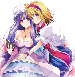 Rule 34 | 2girls, alice margatroid, alternate costume, blonde hair, blue dress, blue eyes, book, breasts, capelet, cleavage, collarbone, crescent, dress, hair ribbon, hairband, hand on shoulder, hat, jewelry, large breasts, layered dress, long hair, masa (miyabitei), multiple girls, necklace, patchouli knowledge, pendant, purple dress, purple eyes, purple hair, ribbon, simple background, smile, strapless, strapless dress, touhou, tress ribbon, very long hair, white background, wrist cuffs