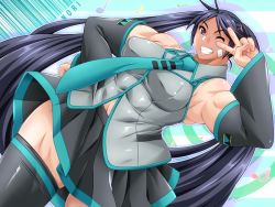 Rule 34 | 1girl, blue hair, breasts, cosplay, detached sleeves, female focus, hatsune miku, mame, muscular, navel, skirt, solo, twintails