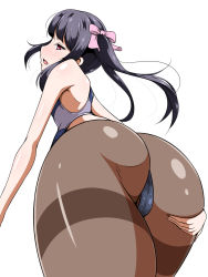 Rule 34 | 1girl, aimo (aimo1214), ass, ass grab, black hair, black pantyhose, blush, brown pantyhose, female focus, grabbing own ass, hair ornament, hair ribbon, highres, hip focus, huge ass, looking at viewer, looking back, open mouth, pantyhose, pantyhose under swimsuit, red eyes, ribbon, senki zesshou symphogear, simple background, solo, swimsuit, thighband pantyhose, tsukuyomi shirabe, twintails, white background, wide hips