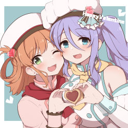 Rule 34 | 2girls, :d, alternate costume, asymmetrical docking, bare shoulders, blue eyes, blush, breast press, breasts, brown hair, chef, cookie, detached sleeves, fizz (pixiv34498626), food, green eyes, hair between eyes, hair ornament, hair rings, hat, hat ornament, heart, heart hands, heart hat ornament, highres, large breasts, multiple girls, official alternate costume, one eye closed, open mouth, princess connect!, purple hair, rino (princess connect!), rino (valentines) (princess connect!), shizuru (princess connect!), shizuru (valentines) (princess connect!), siblings, side ponytail, sisters, small breasts, smile, valentine