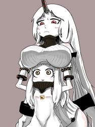 Rule 34 | 10s, 2girls, abyssal ship, age difference, breast rest, breasts, breasts on head, child, dress, gloves, horns, kantai collection, large breasts, long hair, multiple girls, n-desion, northern ocean princess, onee-loli, open mouth, pale skin, red eyes, ribbed dress, seaport princess, short dress, single horn, sweat, sweatdrop, taishi (c+na), white hair, yellow eyes, yuri