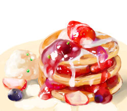 Rule 34 | blueberry, food, food focus, fruit, no humans, original, pancake, pancake stack, plate, still life, strawberry, strawberry syrup, syrup, tsubasawings, white background