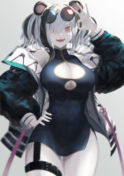 Rule 34 | 1girl, animal ears, arknights, black hair, breasts, china dress, chinese clothes, cleavage cutout, clothing cutout, dress, eigo ichii, eyewear on head, feater (arknights), grey hair, hand on own hip, highres, jacket, large breasts, multicolored hair, panda ears, red eyes, streaked hair, sunglasses, twintails