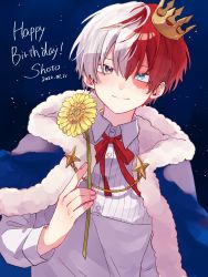 Rule 34 | 1boy, alternate costume, blue eyes, boku no hero academia, burn scar, cape, character name, collared shirt, crown, dated, english text, flower, fur-trimmed cape, fur trim, hair between eyes, happy birthday, heterochromia, highres, holding, holding flower, long bangs, long sleeves, looking at viewer, male focus, mini crown, multicolored hair, neck ribbon, night, night sky, red hair, ribbon, scar, scar on face, shirt, short hair, sky, smile, solo, split-color hair, text focus, todoroki shouto, two-tone hair, upper body, white hair, white shirt, yzmmm64