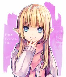 Rule 34 | 1girl, blonde hair, blue eyes, final fantasy, final fantasy xiv, hand on own face, lalafell, long hair, pink scarf, pink sweater, pointy ears, scarf, shiraume (hakubaian), smile, solo, sweater, upper body