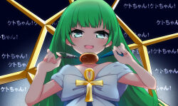 Rule 34 | 1girl, ankh, blush, bow, collarbone, crime prevention buzzer, dian keto the cure maiden, dot nose, duel monster, green eyes, green hair, grey background, highres, long hair, looking at viewer, open mouth, orange-bird, shukusei!! loli-gami requiem, solo, translation request, upper body, very long hair, white bow, yu-gi-oh!, yu-gi-oh! rush duel