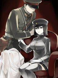 Rule 34 | 10s, 1boy, 1girl, admiral (kancolle), akitsu maru (kancolle), black eyes, black hair, black thighhighs, chair, deco (geigeki honey), gloves, hand on another&#039;s arm, hand on another&#039;s arms, hat, holster, imperial japanese army, kantai collection, military, military uniform, pale skin, peaked cap, pleated skirt, short hair, sitting, skirt, thighhighs, twitter username, uniform, white gloves