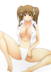 Rule 34 | 1girl, alternate hairstyle, barefoot, breasts, brown eyes, brown hair, cleavage, dead or alive, earrings, highres, jewelry, keito fujihara, large breasts, lei fang, no bra, open clothes, open vest, panties, simple background, smile, solo, spread legs, tecmo, twintails, underwear, vest, white background, white panties