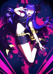 Rule 34 | 1girl, ;d, absurdres, belt, black skirt, black socks, breasts, crop top, fangs, film grain, full body, g2 atelier, highres, horns, long hair, looking at viewer, midair, miniskirt, nail polish, one eye closed, open mouth, original, panty straps, purple eyes, purple hair, purple nails, shoes, skirt, sleeveless, small breasts, smile, sneakers, socks, solo, tail, v, v over eye, yellow belt
